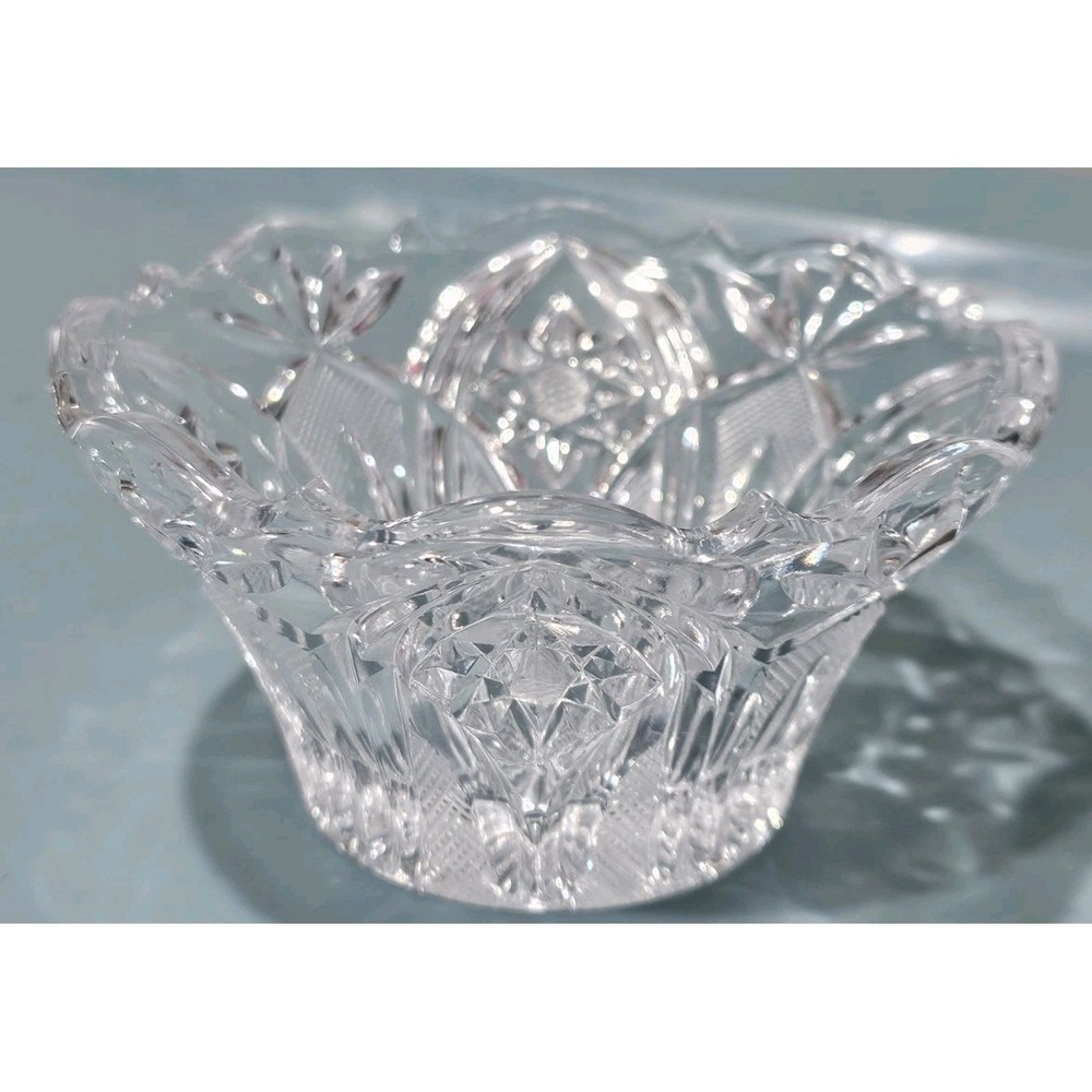 Vintage Hobstar Cut Glass Candy Trinket Nut Bowl
